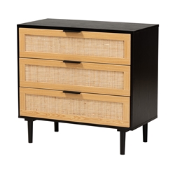 Baxton Studio Maureen Mid-Century Modern Espresso Brown Wood and Rattan 3-Drawer Cabinet